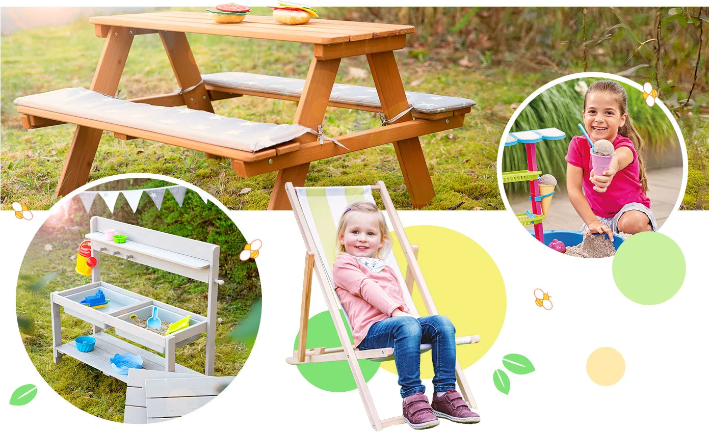 Collage aus 4 Bildern. Bild 1: braune Kinder-Picknickbank auf Wiese. Bild 2: graue Matschküche aus Holz auf Wiese. Bild 3: Kind in Kinderliegestuhl. Bild 4: Mädchen spielt mit Sand-Eisdiele.