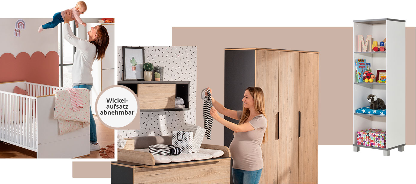 Collage aus 3 Bildern. Bild 1: Mutter mit Baby an weißem Babybett im Kinderzimmer. Bild 2: Frau mit Strampler in Babyzimmer mit Möbeln in Holzoptik und Dunkelgrau mit Hinweis "Wickeaufsatz abnehmbar". Bild 3: weiß-graues Regal mit Spielzeug und Deko