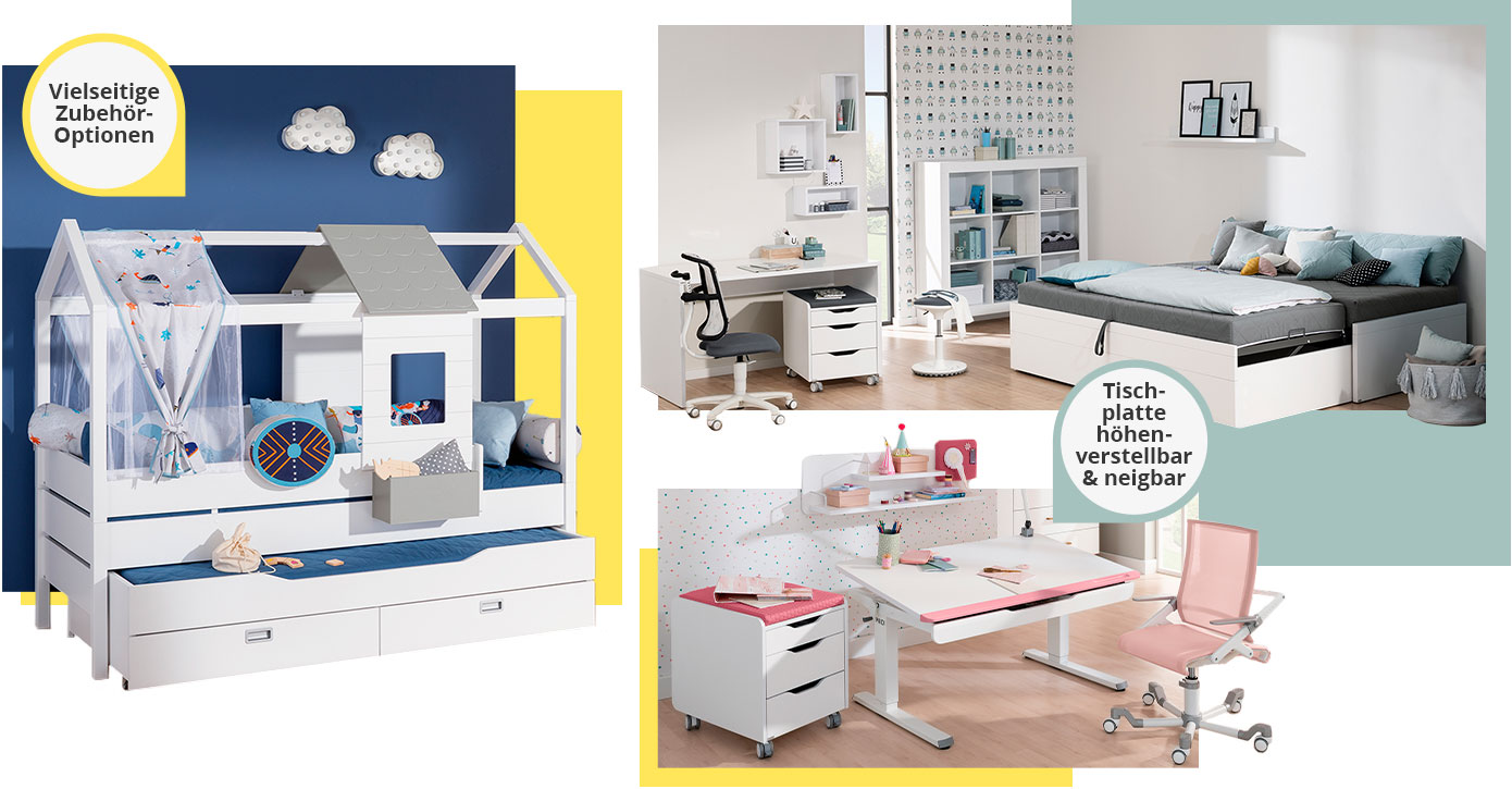 Collage aus 3 Bildern. Bild 1: Weißes Spielbett in Hausform mit Hinweis "vielseitige Zubehör-Optionen". Bild 2: Kinderzimmer mit weißen Möbeln. Bild 3: Kinderschreibtisch, Rollcontainer, Schreibtischstuhl und Wandboard, alle Weiß-Rosa mit Hinweis "Tischplatte höhenverstellbar & neigbar"