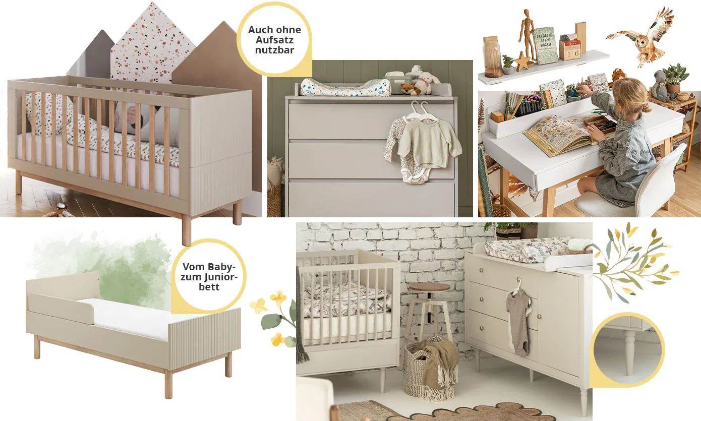 Collage aus 5 Bildern. Bild 1: Babybettchen in Farbe Kaschmir. Bild 2: Juniorbett in Farbe Kaschmit, mit Rausfallschutz. Infotext: Vom Baby- zum Juniorbett. Bild 3: Wickelkommode mit 3 Schubladen. Infotext: Auch ohne Aufsatz nutzbar. Bild 4: Mädchen an weißem Schreibtisch mit Holzgestell. Bild 5: Babybett und Wickelkommode in Farbe Kaschmir mit nostalgischen, gedrehten Möbelfüßen.
