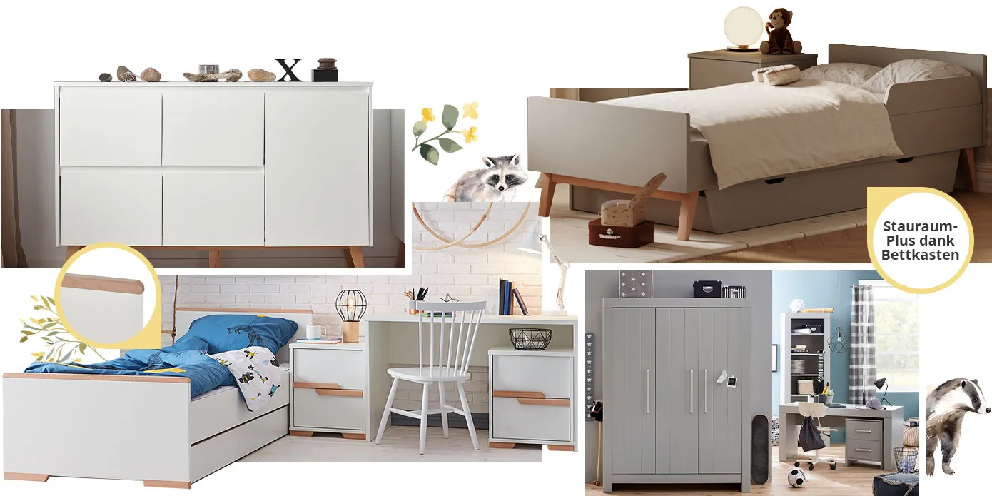 Collage aus 4 Bildern. Bild 1: geradlinige ,weiße Kommode mit 5 Türen, grifflos. Bild 2: Kinderbett in Grau mit Bettkasten. Infotext: Stauraum-Plus dank Bettkasten. Bild 3: Jugendzimmer mit weißen Möbeln mit hellen Holzakzenten. Bett, Nachttisch, Schreibtisch, Container. Bild 4: Jugendzimmer mit geradlinigen, grauen Möbeln. Kleiderschrank mit 3 Türen, Regal, Schreibtisch, Container.