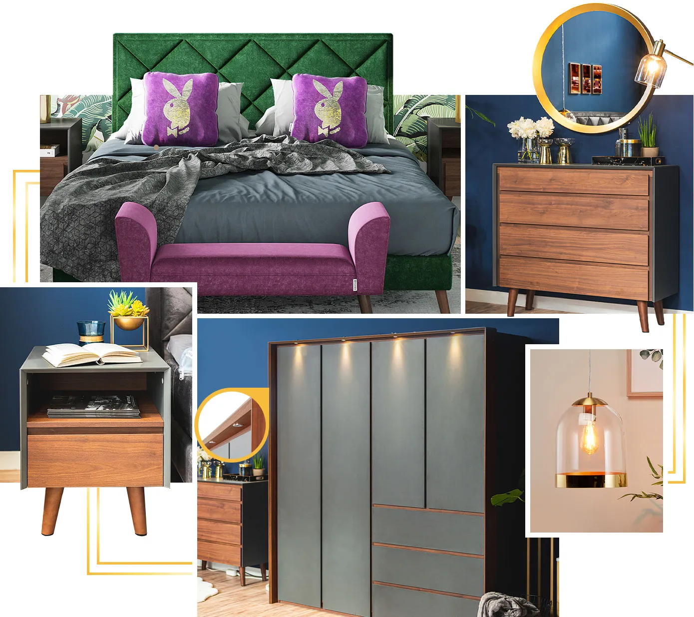 Collage aus 5 Bildern. Bild 1: Grünes Polsterbett, Kissen mit Hasenmotiv und Lila Bettbank. Bild 2:Kommode mit 4 Schubladen in dunkler Holzoptik, darüber runder goldener Spiegel. Bild 3: Nachttisch in Grau und dunkler Holzoptik. Bild 4: Kleiderschrank mit grifflosen, grauen Türen und Schubladen, Detailaufnahme vom beleuchteten Passepartoutrahmen. Bild 5: Pendelleuchte aus Glas mit goldenem Rand.