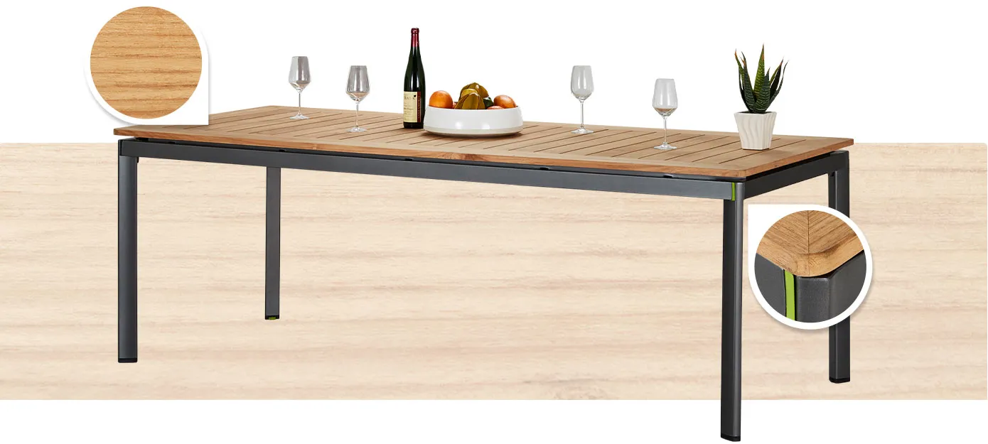 Großer Gartentisch der Serie mit Teakholzplatte und abgerundeten Ecken
