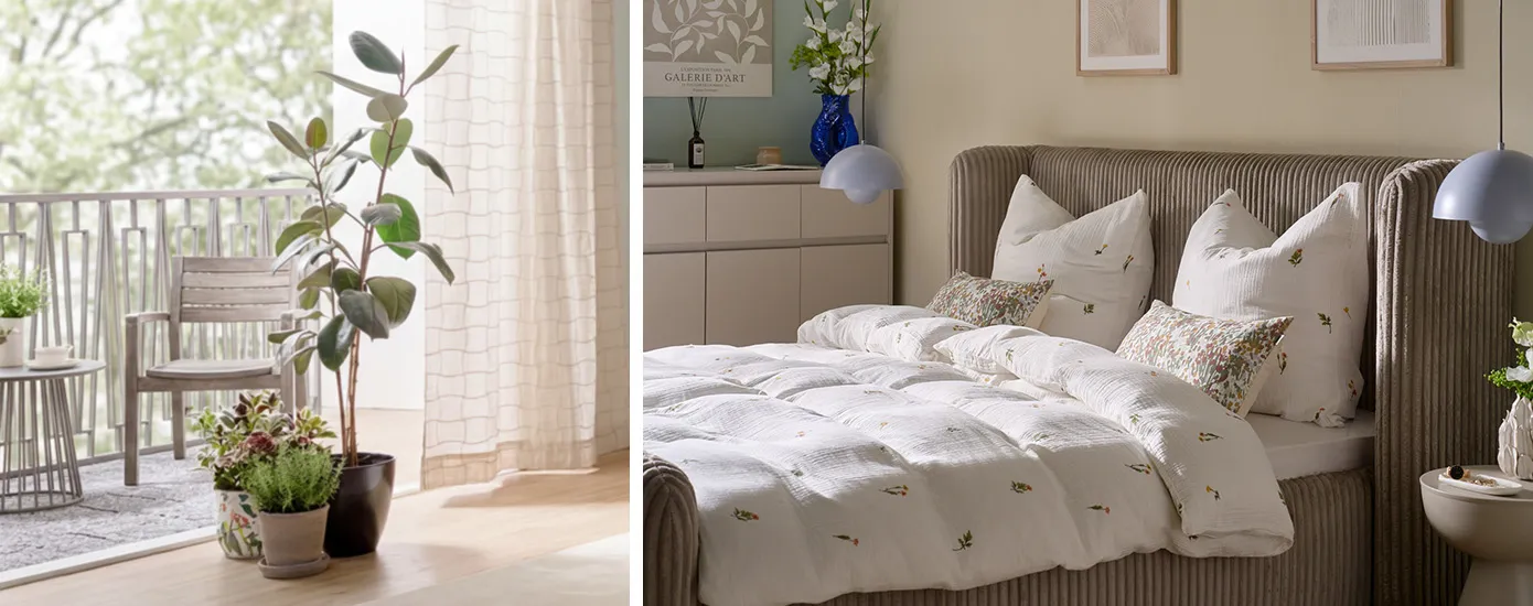 Graubraunes Cord-Bett mit weißer Musselin-Bettwäsche und kleinen Blumenmuster, hellblaue Pendelleuchten links und rechts vom Bett, vrschiedene Pfanzen stehen vor Balkon im Schlafzimmer