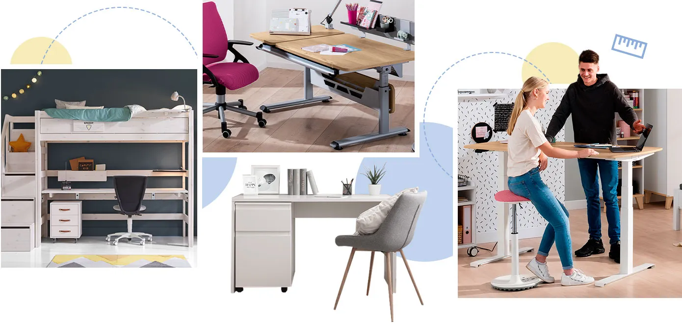 Collage aus verschiedenen Produkten: Hochbett mit integrierter Schreibtischplatte unter der Liegefläche, Kinderschreibtisch mit grauem Gestell und Holzplatte, Schreibtisch mit Stauraumelement Weiß, höhenverstellbarer Schreibtisch mit weißem Gestell und Holzplatte