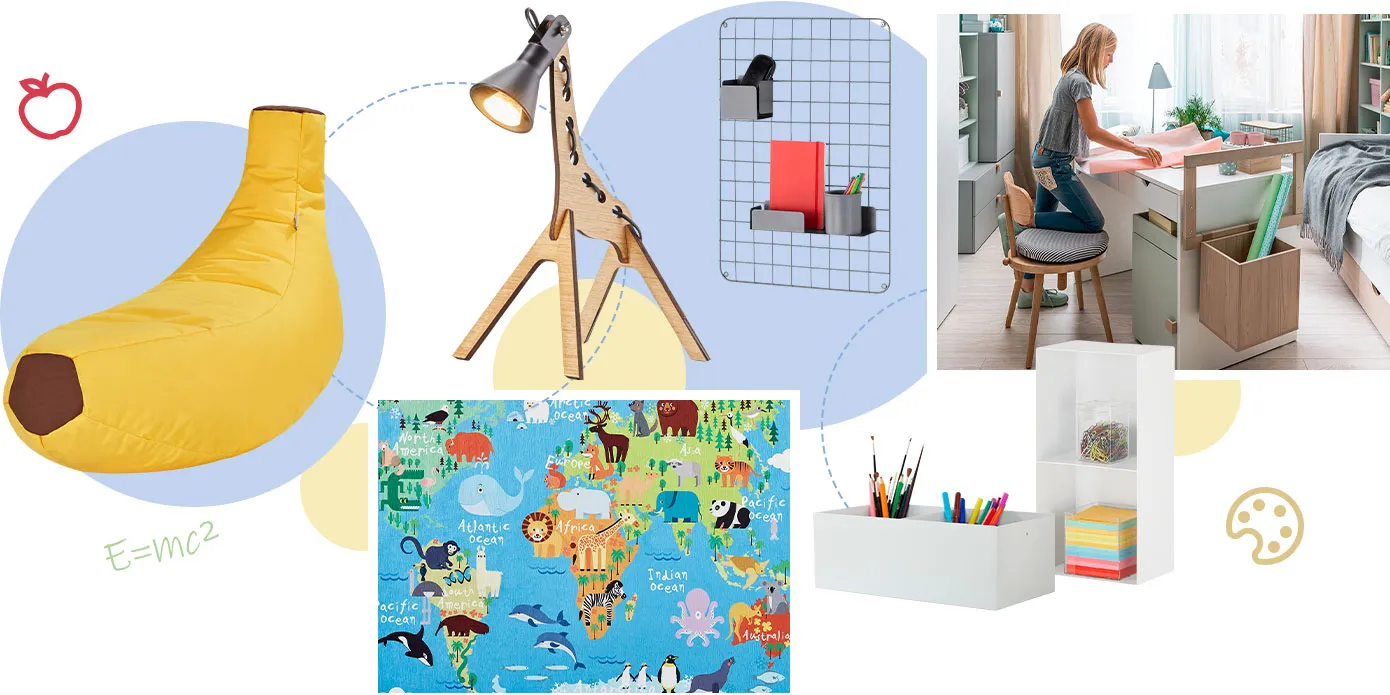 Collage mit verschiedenen Produkten: Sitzsack in Bananen-Form, Schreibtischlampe in Giraffen-Optik, Teppich Weltkarte, Wand-Organizer, Stiftebox, Aufbewahrungsbox für Schreibtisch