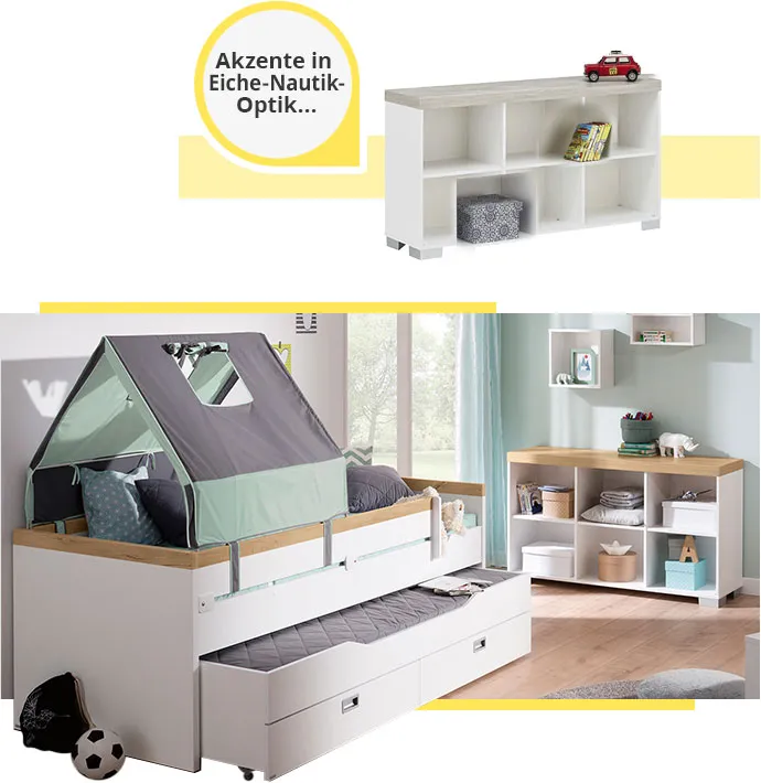 Collage. Bild 1: Weißes Regal mit Akzent in Holzoptik und Hinweis Akzente in Eiche-Nautik-Optik. Bild 2: Kinderzimmer. Kojenbett in Weiß und Holzoptik, Unterbett mit 2 Schubladen und grauer Matratze. Regal in Weiß und Holzoptik, 2 Wandregale in Weiß. Deko.
