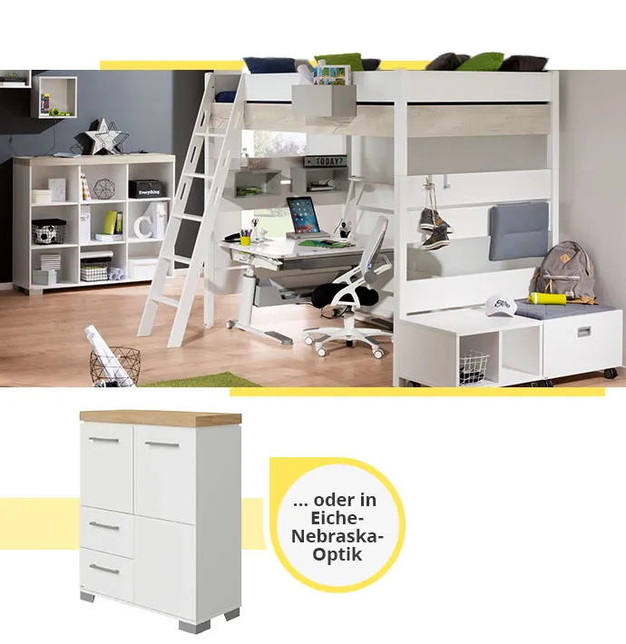 Collage. Bild 1: Kinderzimmer. Weiße Möbel mit Holzakzenten, bestehend aus Regal, Hochbett mit Schreibtisch und Schreibtischstuhl darunter, Rollboxen. Bild 2: Highboard in Weiß und Holzoptik mit Hinweis ... oder in Eiche-Nebraska-Optik.