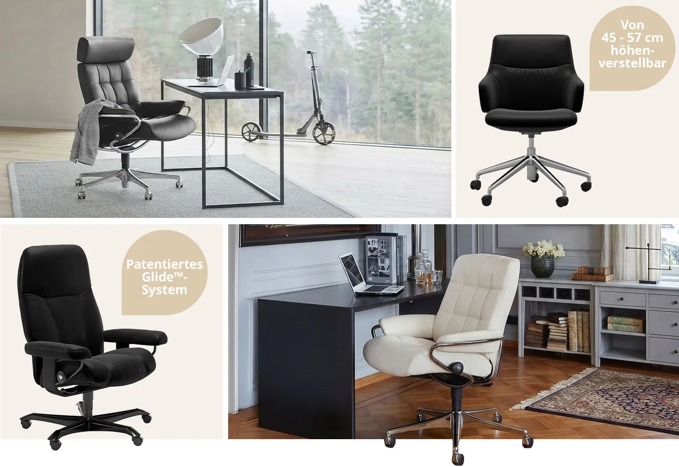 Collage aus 4 Bildern. Bild 1: schwarzer Leder-Bürostuhl mit Chromgestell an Schreibtisch vor großem Fenster, Deko. Bild 2: schwarzer Leder-Bürostuhl mit Chromgestell und Hinweis: Von 45 - 57 cm höhenverstellbar. Bild 3: schwarzer Leder-Bürostuhl mit schwarzem Metallgestell und Hinweis: Patentiertes Glide-System. Bild 4: Weißer Leder-Bürostuhl mit Chromgestell vor schwarzem Schreibtisch in einem Büro mit grauen Landhausmöbeln, Deko. 