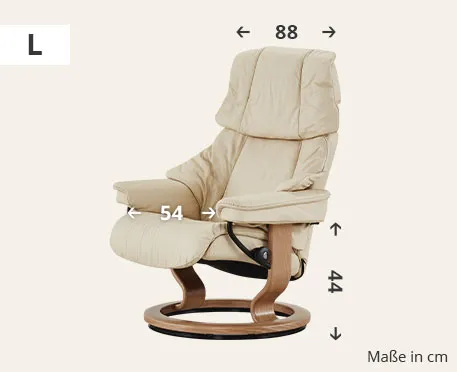 Beiger Sessel mit Holzgestell in Größe L mit 88 cm breiter Rückenlehne, 54 cm tiefer Sitzfläche und 44 cm hoher Sitzfläche. Maße in cm