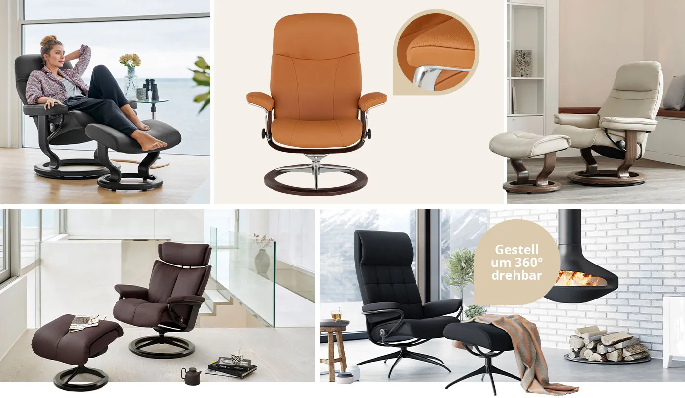 Collage aus 5 Bildern. Bild 1: Frau auf schwarzem Ledersessel mit Hocker, beige mit schwarzem Gestell, vor einem Fenster. Bild 2: oranger Ledersessel mit Holz-Chrom-Gestell und Detailbild der Armlehne. Bild 3: cremefarbiger Ledersessel mit Hocker mit dunklem Holzgestell in einem Wohnzimmer. Bild 4: brauner Ledersessel mit Hocker und schwarzem Holz-Metall-Gestell in einem Flur. Bild 5: schwarzer Ledersessel mit Hocker und schwarzem Metall-Sterngestell und Hinweis: Gestell um 360° drehbar, in einem Wohnzimmer mit Kamin. 