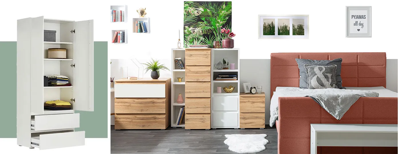 Collage aus 2 Bildern. Bild 1: Kleiderschrank in Weiß der Serie, mit 3 Türen und 2 Schubladen. Bild 2: Schlafzimmer mit Kommoden und Regalen der Serie in Weiß und Holzoptik, dazu ein rotes Polsterbett