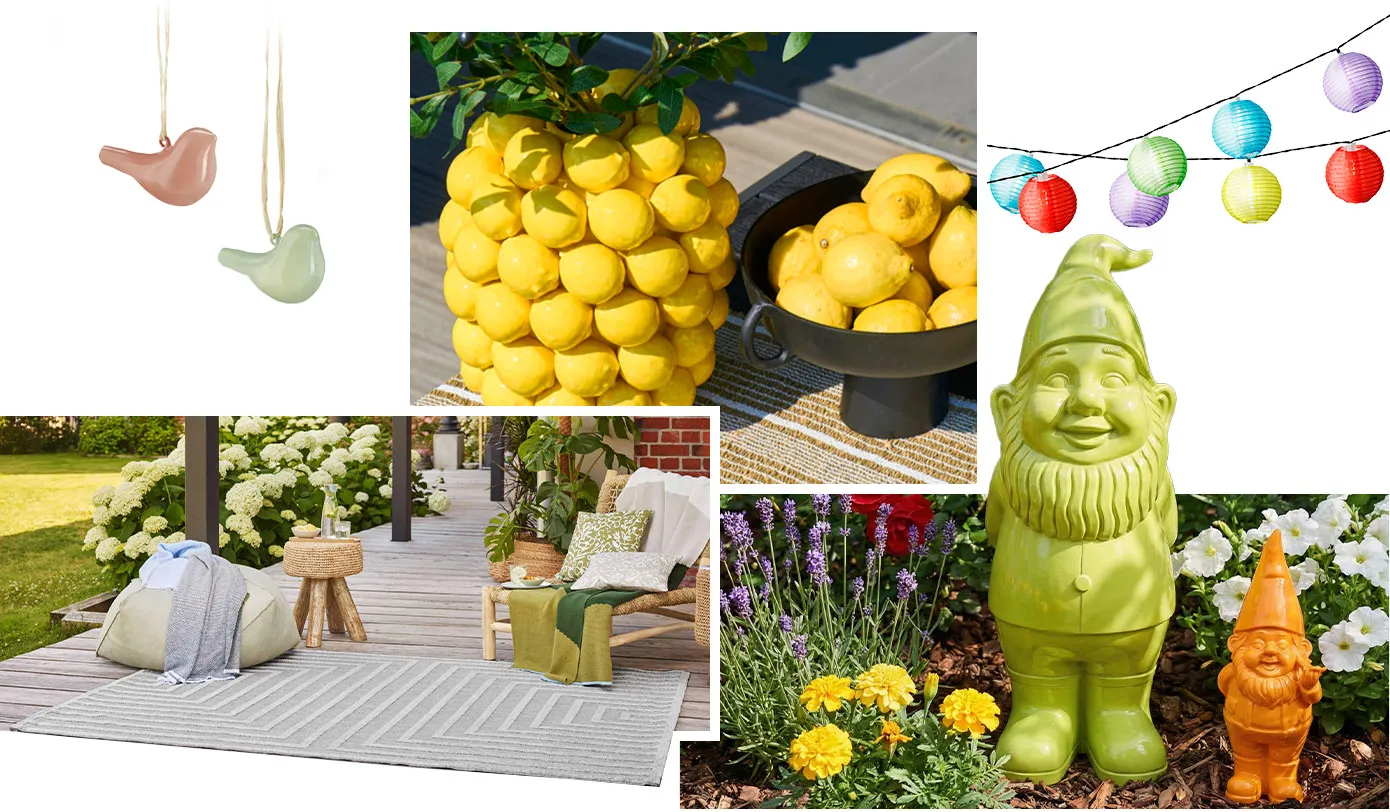 Collage aus 5 Bildern. Bild 1: Hängedeko Vogel. Bild 2: Gelbe Vasen im Zitronen-Design, schwarze Schale mit Zitronen. Bild 3: Bunte Lichterkette. Bild 4: beiger, rechteckiger Outdoor-Teppich auf Holz-Terrasse. Bild 5: Gartenzwerge in Grün & Orange zwischen Blumen