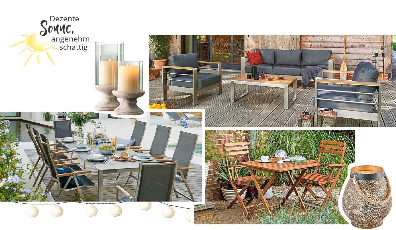 Dezente Sonne, angenehm schattig. Collage mit 3 Bildern. Bild 1: Gartenlounge aus Aluminium mit dunklen Kissen auf schattiger Holz-Terrasse, daneben 2 Kerzenständer. Bild 2: langer Gartentisch mit 8 Stühlen auf Terrasse, Lichterkette mit weißen Kugelschirmen. Bild 3: Holztisch mit 2 Holzstühlen auf Terrasse im Grünen, goldfarbene Laterne