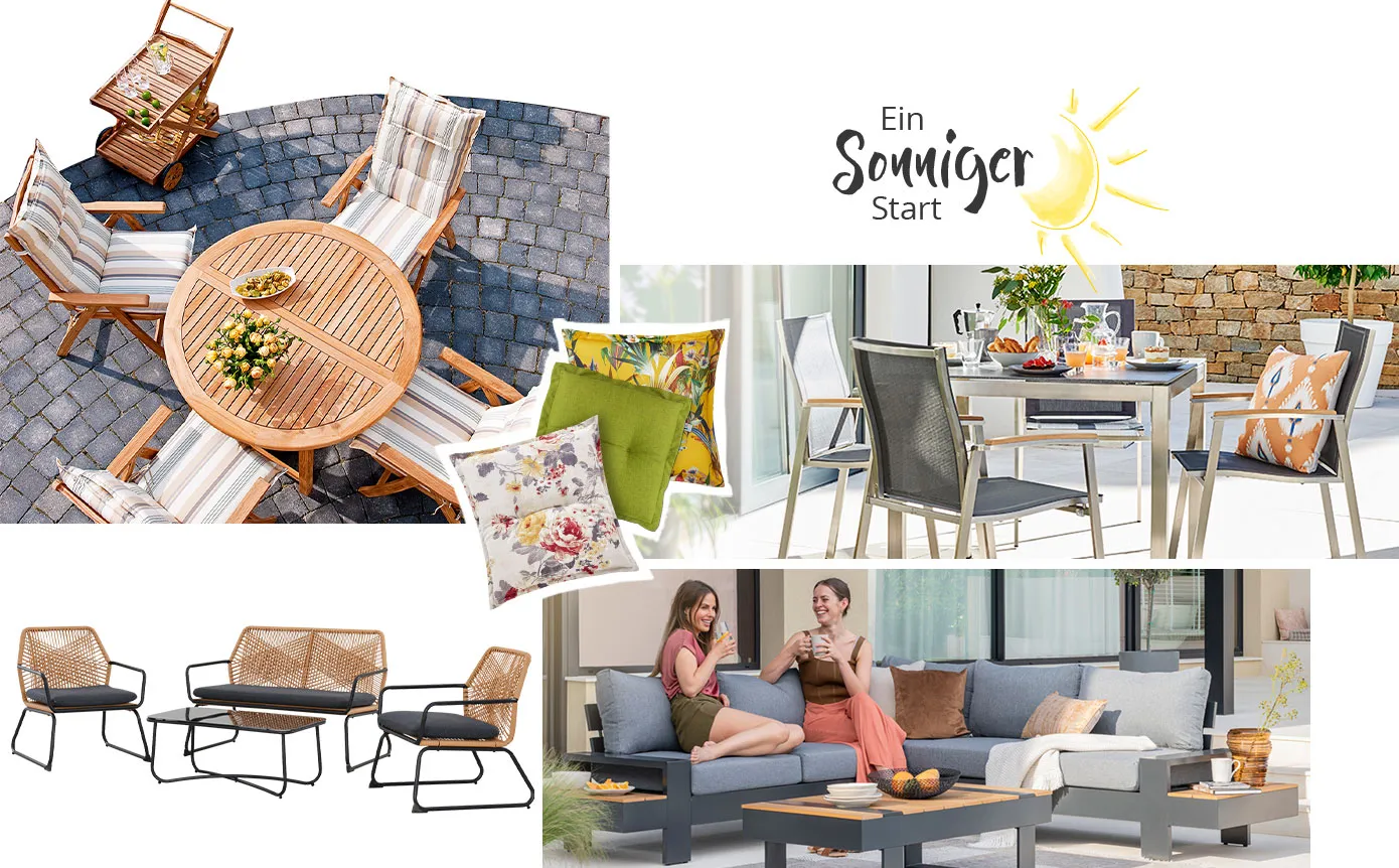Ein sonniger Start. Collage aus 5 Bildern. Bild 1: Holz-Gartenmöbel auf Steinterrasse. Bild 2: Sitzkissen in verschiedenen Mustern. Bild 3: Gartenmöbel aus Aluminium auf Terrasse vor Haus. Bild 4: Garten-Loungegruppe mit Geflecht-Bespannung. Bild 5: 2 Frauen auf eine Gartenlounge mit dunklem Gestell und grauen Sitzkissen