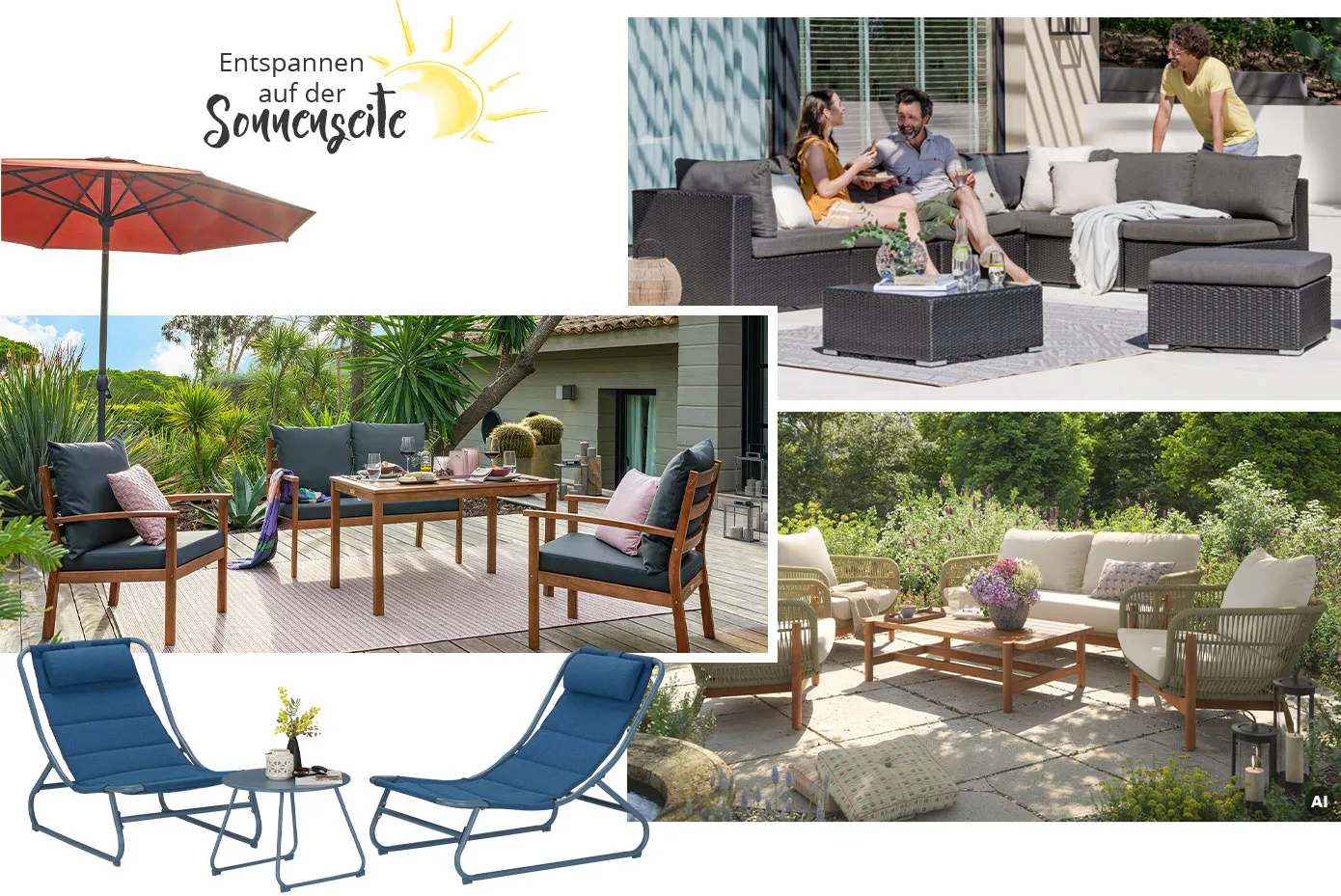 Entspannen auf der Sonnenseite. Collage aus 4 Bildern: Gartenmöbel aus Holz mit dunklen Sitzkissen auf Terrasse im Grünen, dazu ein roter Sonnenschirm. Bild 2: Gartenlounge in dunklem Geflecht auf sonnenbeschienener Terrasse. Bild 3: Balkonset für 2 Personen mit Kopfkissen in Blau. Bild 4,  AI-generiert: Gartenmöbel aus hellem Geflecht auf mediterraner Terrasse
