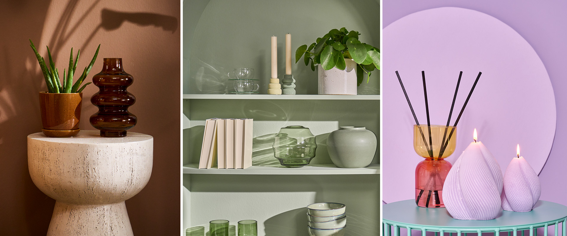 Verschiedene Dekoprodukte in Grün, Lila und Braun