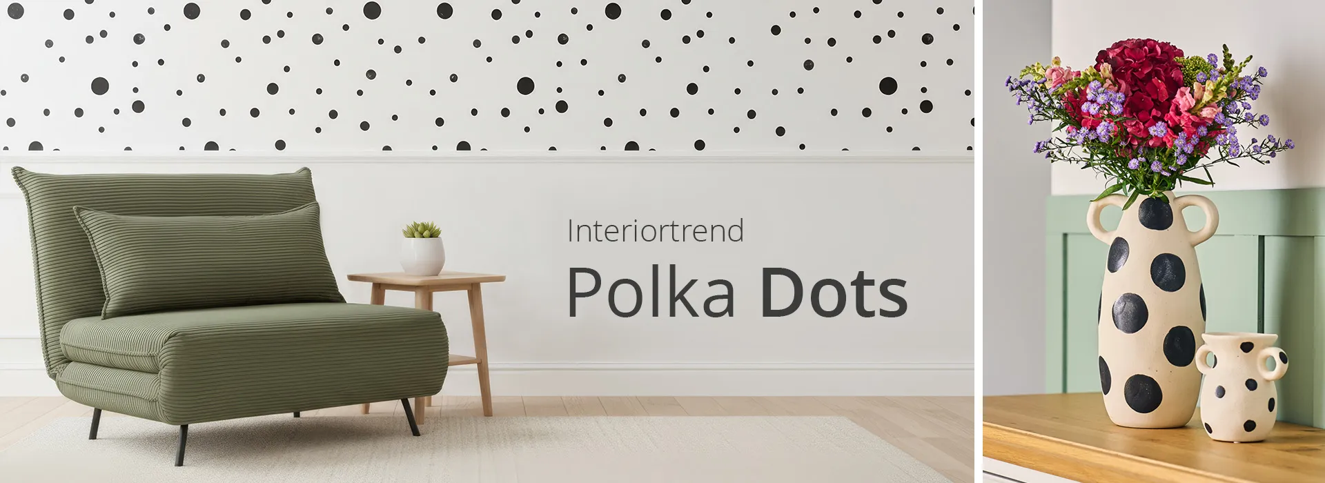 Interiortrend Polka Dots mit schwarzen Punkten an Wand, davor olivgrüner Sessel, gepunktete Vasen im Landhausstil