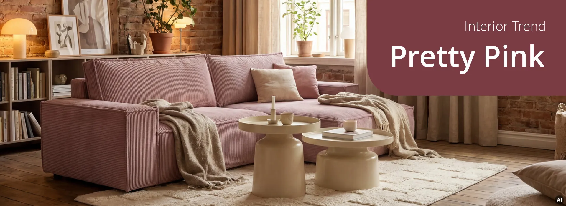Interior Trend Pretty Pink, rosa Eck-Cordsofa mit beigem Teppich, kaschmirfarbenen Couchtischen in zwei Größen, beige und rosane Dekokissen