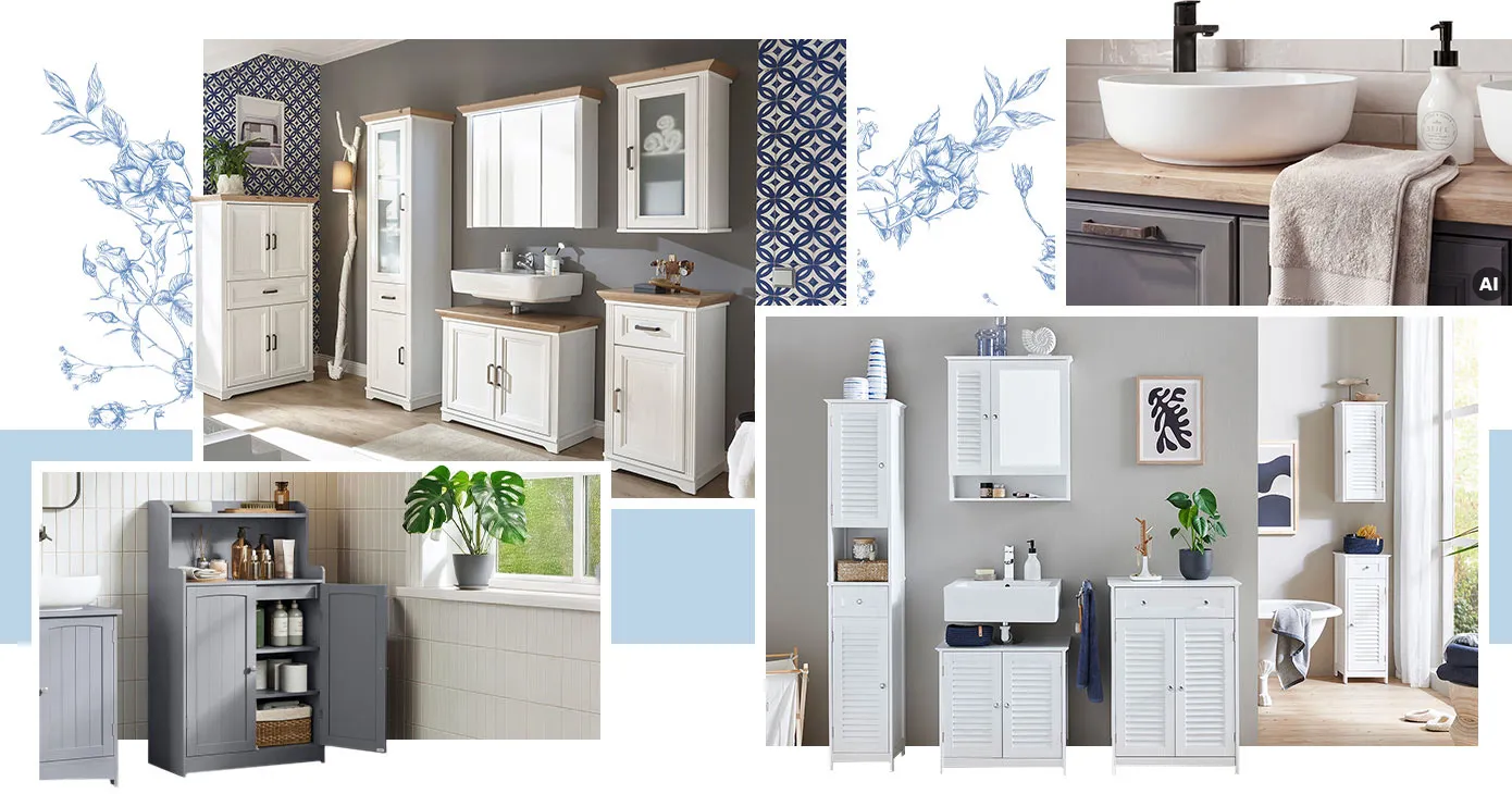 Collage aus Landhausmöbeln in Badezimmern. Bild 1: Weiße Badmöbel mit Holzakzenten. Bild 2, AI-generiert: Seifenspender und Handtuch auch grau-holzfarbigem Waschtisch, 2 weiße Waschbecken. Bild 3: graue Unterschränke. Bild 4: weiße Badmöbel mit Lamellenoptik