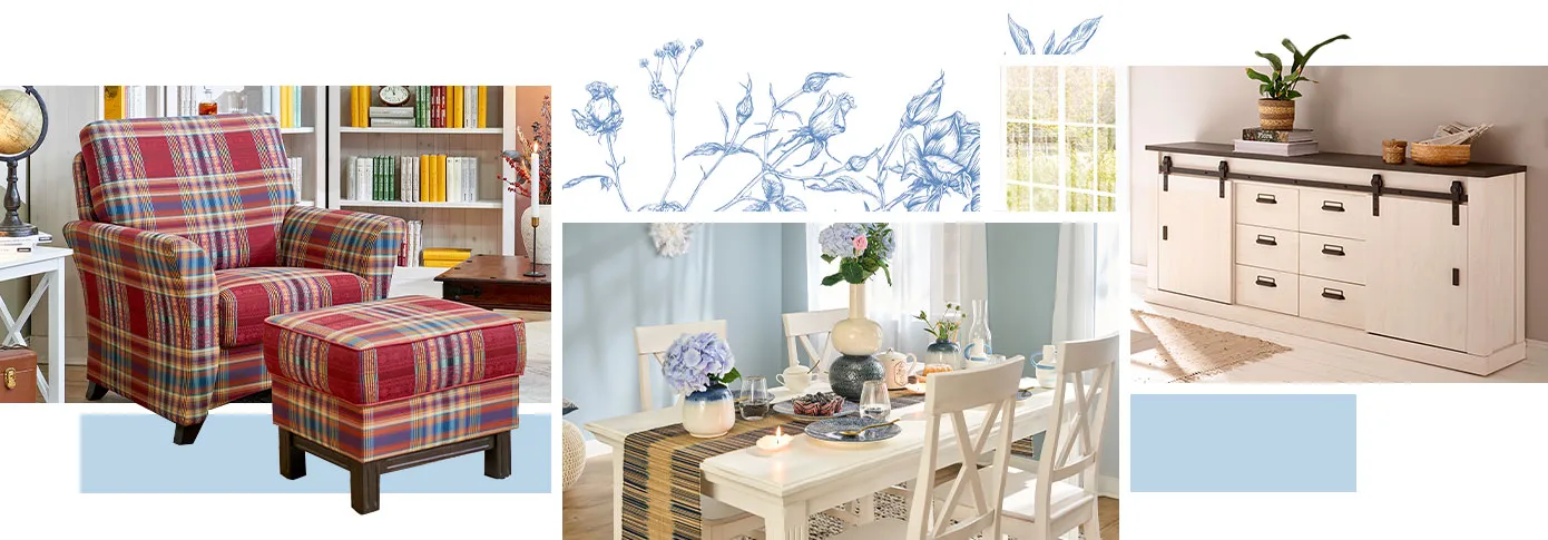 Collage aus Landhausmöbeln. Bild 1: Rot-mehrfarbig karierter Sessel und Hocker in einem Landhaus-Wohnzimmer. Bild 2: weißer Esstisch mit weißen Stühlen, Tischwäsche und Geschirr. Bild 3: weiße Kommode mit schwarzen Akzenten