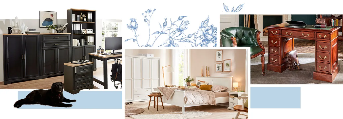 Collage aus Landhausmöbeln. Bild 1: Hund in Arbeitszimmer mit grauen Büromöbeln. Bild 2: Schlafzimmer mit weißem Schrank, Bett und Nachtkommode. Bild 3: Arbeitszimmer mit Schreintisch und Stuhl in Holz, Stuhl mit grünem Lederbezug.