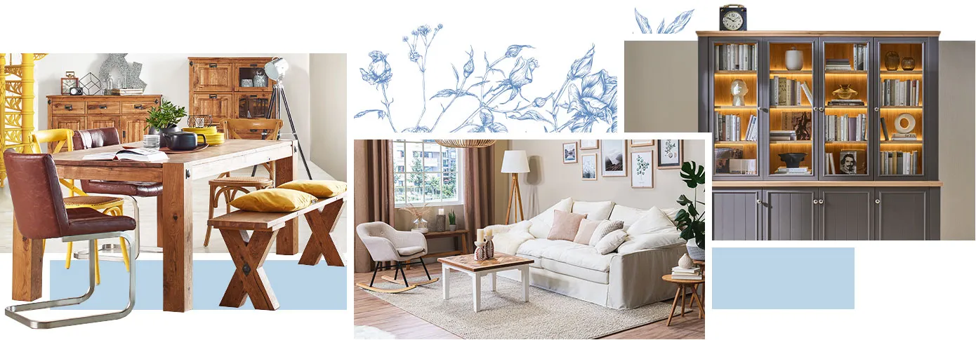 Collage aus Landhausmöbeln. Bild 1: Esszimmer-Möbel aus Holz mit Tisch, Bank, Freischwinger, Kommode und Highboard im Esszimmer. Bild 2: Wohnzimmer mit weißem Hussensofa, Schaukelsessel und Couchtisch, Deko. Bild 3: Buffet in Grau und Holz mit Beleuchtung und Büchern.