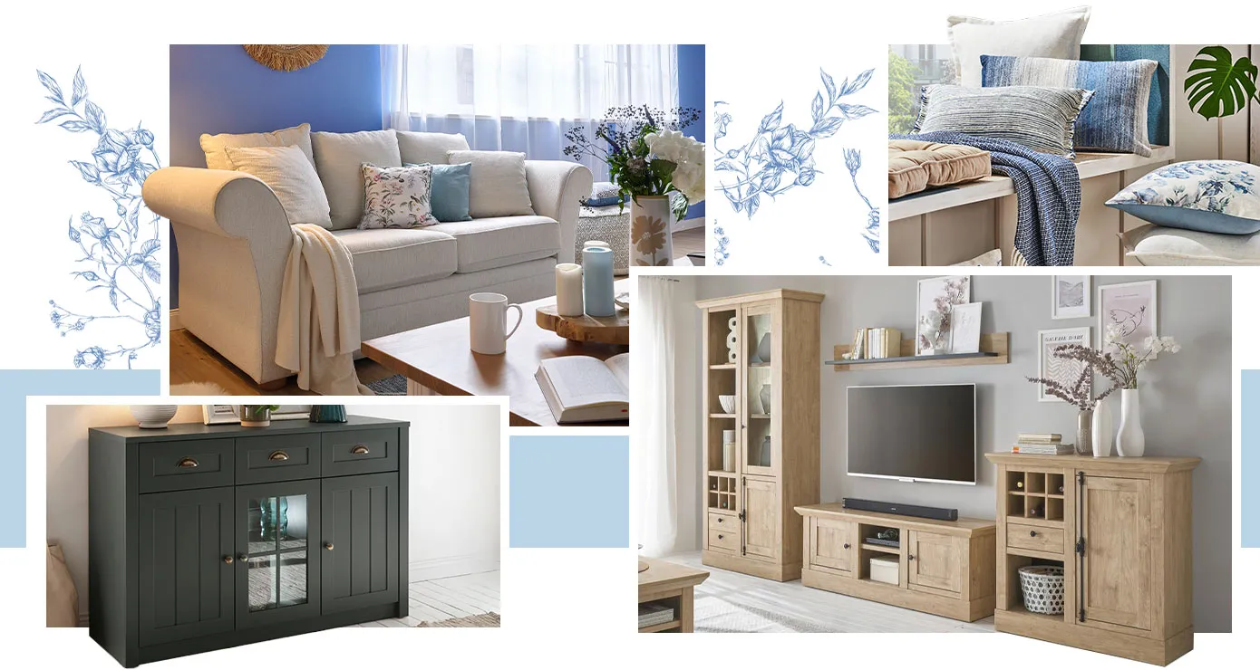 Collage aus Landhausmöbeln in Wohnzimmern. Bild 1: cremefarbiges Sofa, Couchtisch, Kissen, Decke und Deko. Bild 2: verschiedene Kissen in Blau und Beige. Bild 3: grünes Sideboard mit Glaslelement, Deko. Bild 4: Wohnwand aus Holz, Deko. 