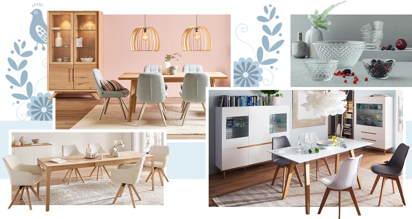Collage. Bild 1: Holzvitrine, Esstisch aus Holz, hellgraue Polsterstühle, beiger Teppich, in einem Esszimmer.  Bild 2: Große Glasschüssel und passende kleine Schälchen, Obst, 2 graue Vasen. Bild 3: ausgezogener Holztisch, beige Polsterstühle mit Holzgestell, weiße Kommode, beiger Teppich, Deko, in einem Esszimmer. Bild 4: 2 weiße Vitrinen mit Holzakzenten, weißer Esstisch mit Holzgestelll, 2 graue und 2 weiße Schalenstühle mit Holzgestell, Deko, in einem Esszimmer