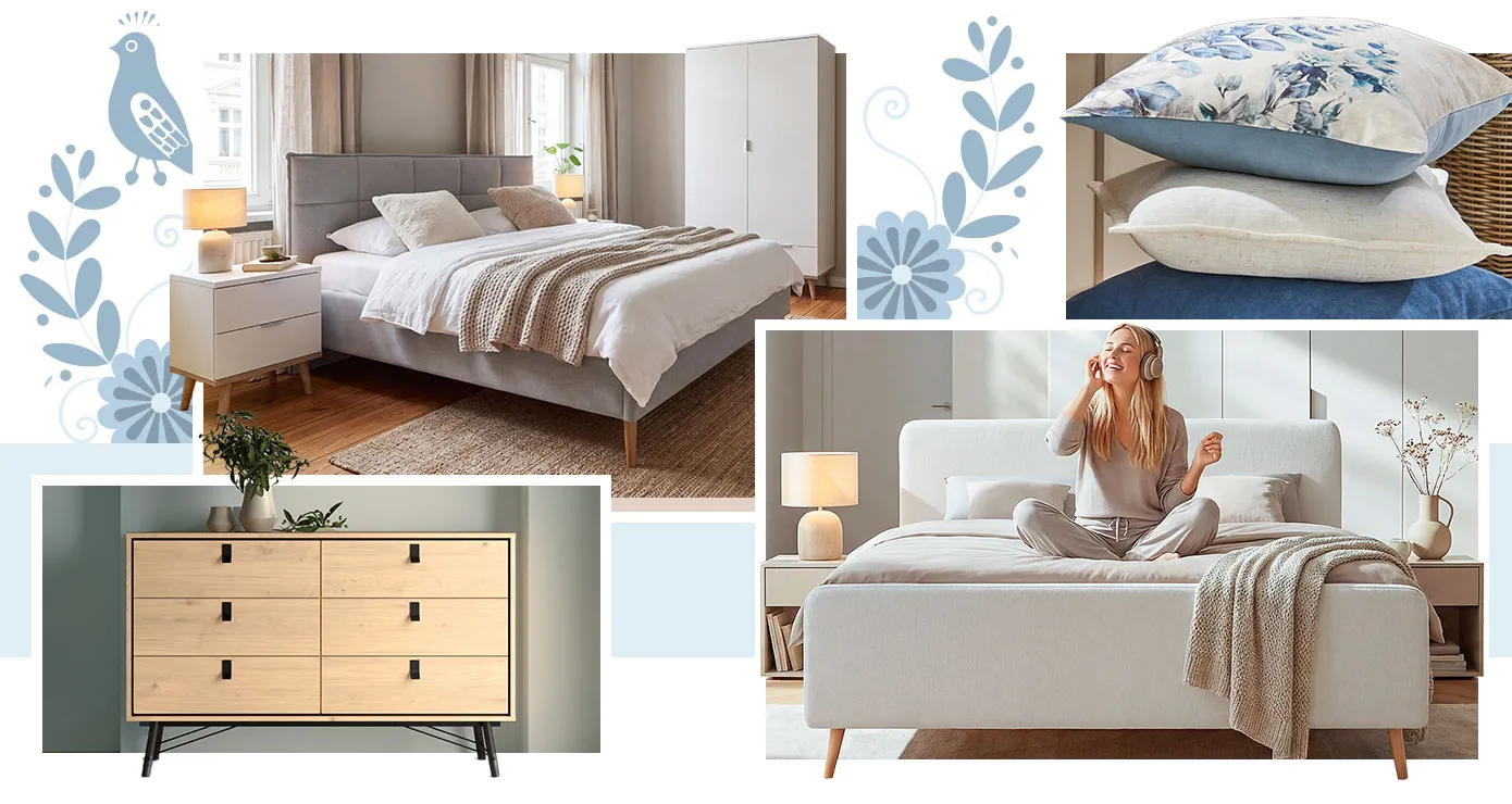 Collage. Bild 1: Schlafzimmer mit Skandi-Möbeln, weiße Nachtkommode, hellgraues Bett, weißer Schrank, alle mit Gestellen in Holzoptik, Naturteppich, Deko. Bild 2: aufeinander gestapelte Kissen, eines in Hellblau und Weiß mit hellblauem Muster, eines in Weiß und eines in Blau. Bild 3: holzfarbige Kommode mit schwarzen Akzenten, Deko. Bild 4: Frau auf weißem Polsterbett mit Holzfüßen, 2 weiße Nachtkommoden, Deko.