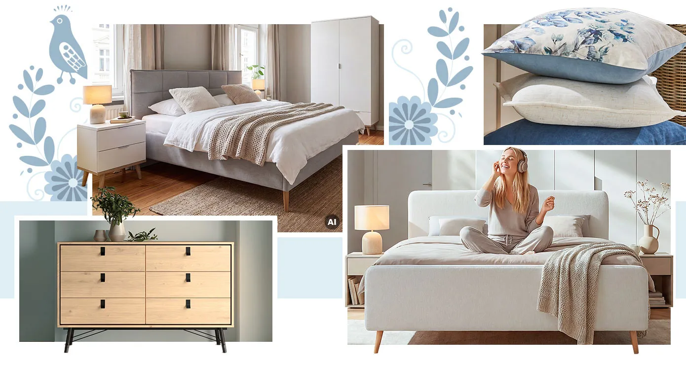 Collage. Bild 1, AI-generiert: Schlafzimmer mit Skandi-Möbeln, weiße Nachtkommode, hellgraues Bett, weißer Schrank, alle mit Gestellen in Holzoptik, Naturteppich, Deko. Bild 2: aufeinander gestapelte Kissen, eines in Hellblau und Weiß mit hellblauem Muster, eines in Weiß und eines in Blau. Bild 3: holzfarbige Kommode mit schwarzen Akzenten, Deko. Bild 4: Frau auf weißem Polsterbett mit Holzfüßen, 2 weiße Nachtkommoden, Deko.